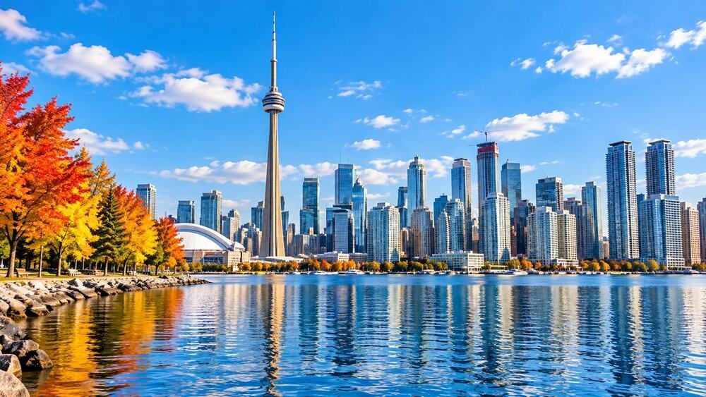 Toronto skyline across the water with autumn foliage on the shoreline