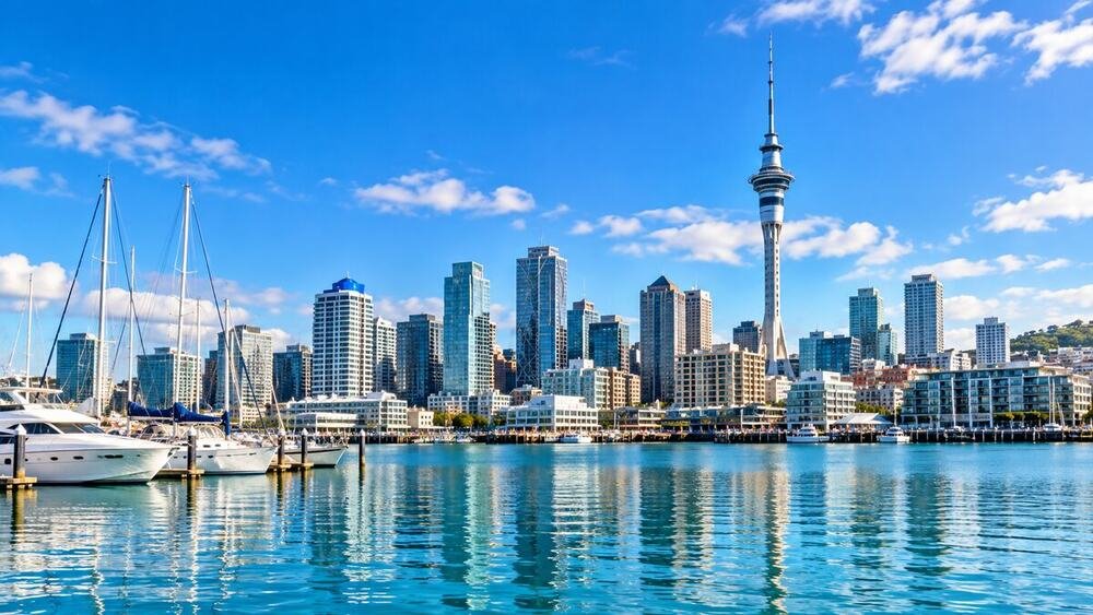 Auckland skyline and the Sky Tower across the harbour