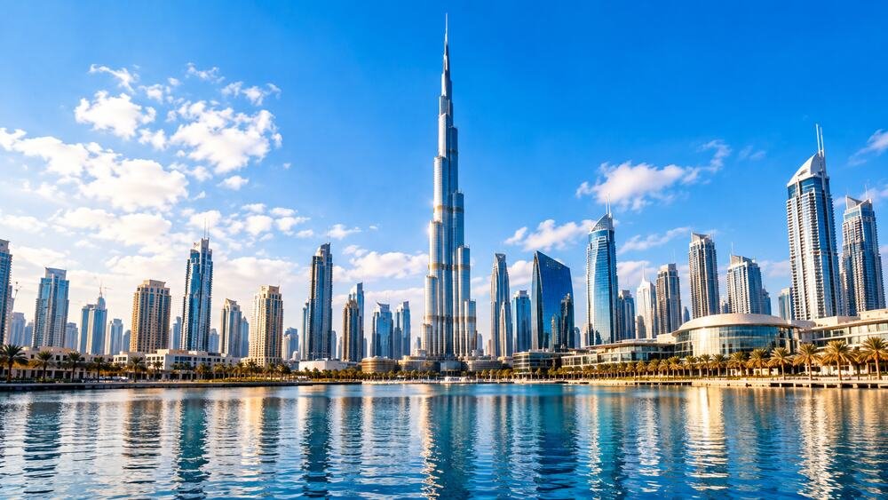 The Dubai skyline along the waterfront with the Burj Khalifa at the centre