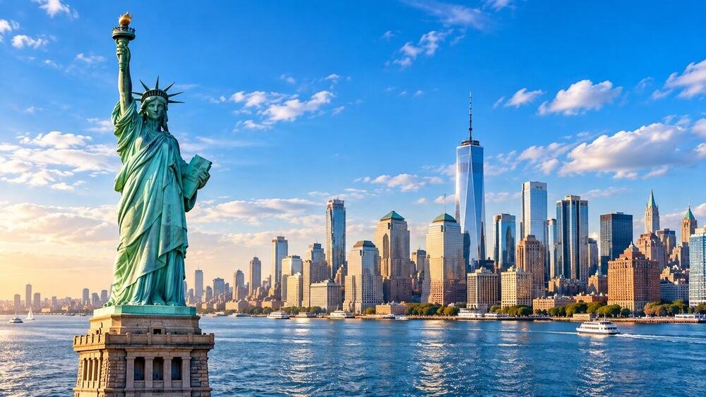 The Statue of Liberty with the Manhattan skyline behind it