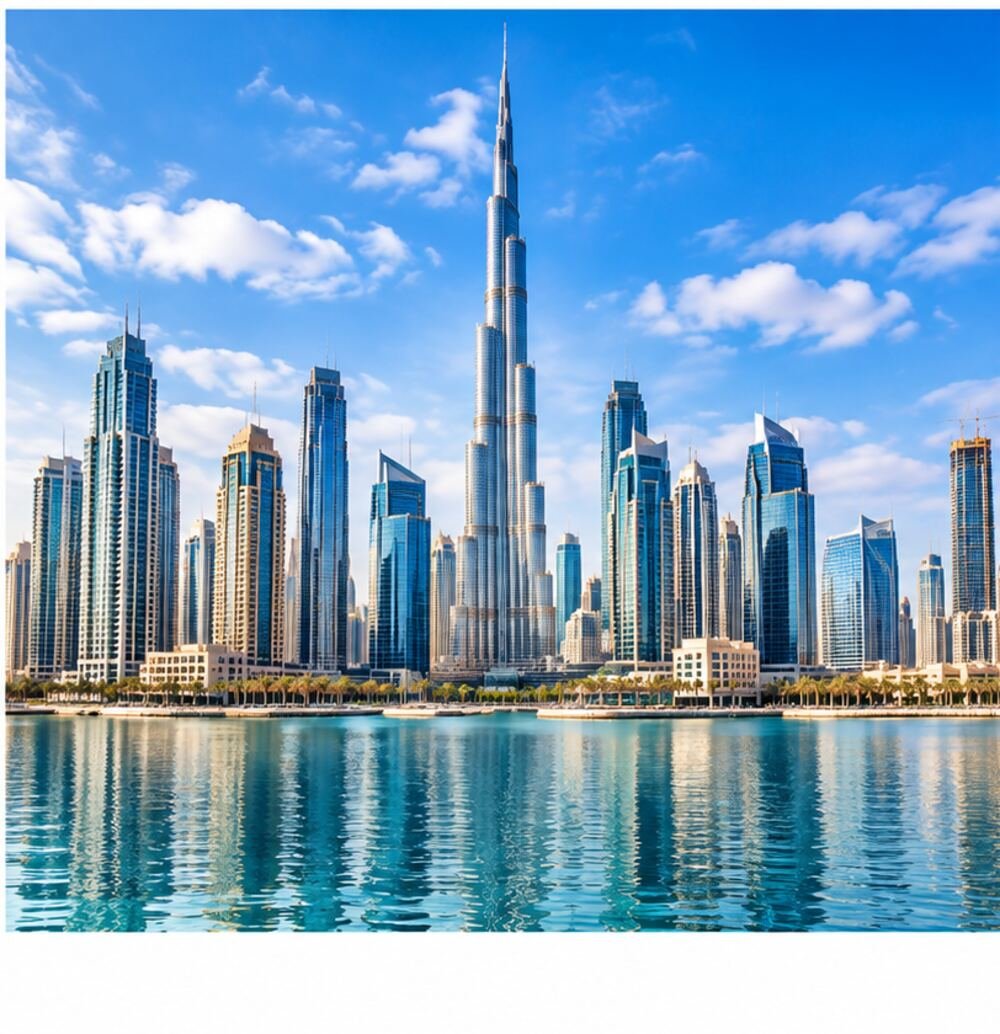 Dubai skyline with the Burj Khalifa at sunset
