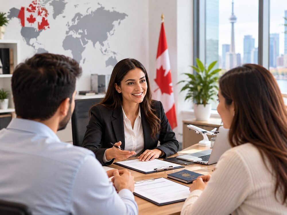 An advisor meeting with two clients across a table with a world map behind