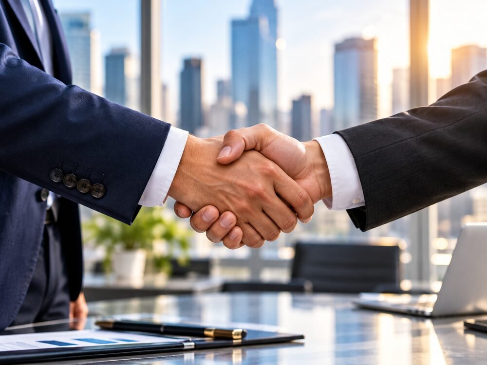 Two businesspeople shaking hands across a meeting table