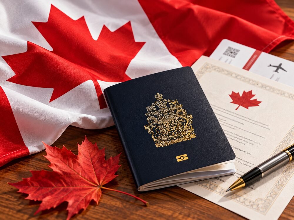 A Canadian passport resting on a Canadian flag beside maple leaves