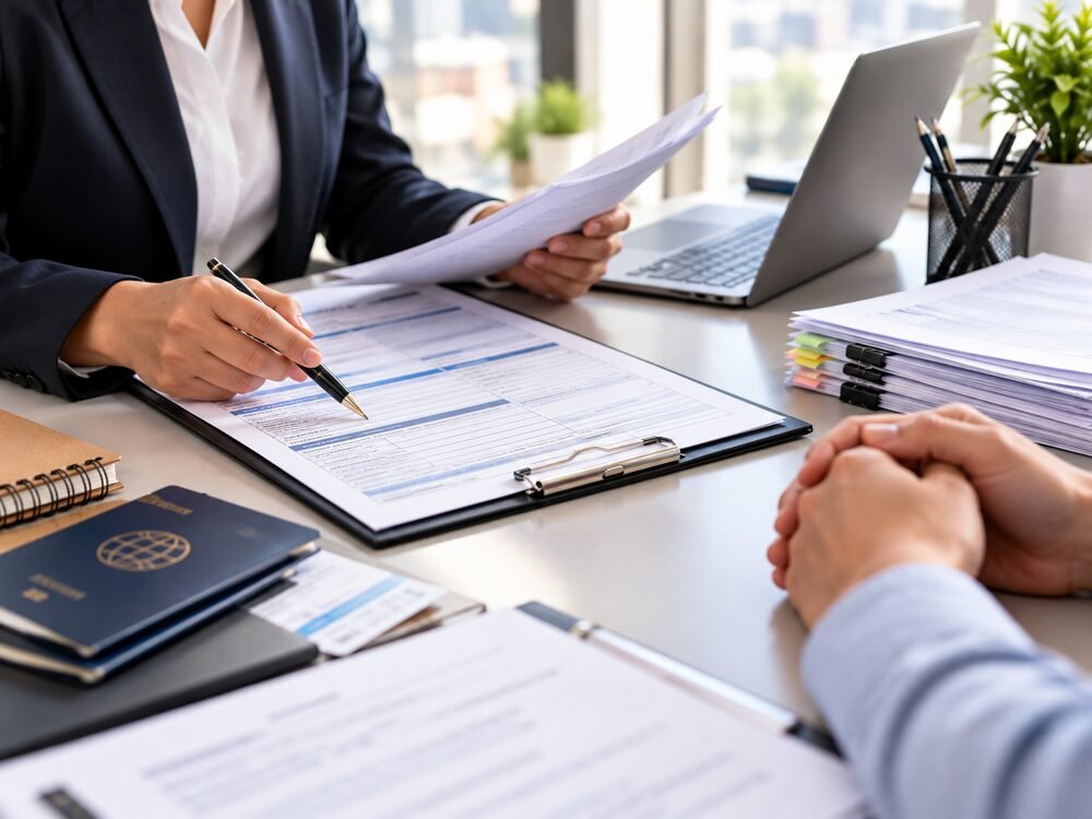 Hands reviewing paperwork and signing a document at a desk