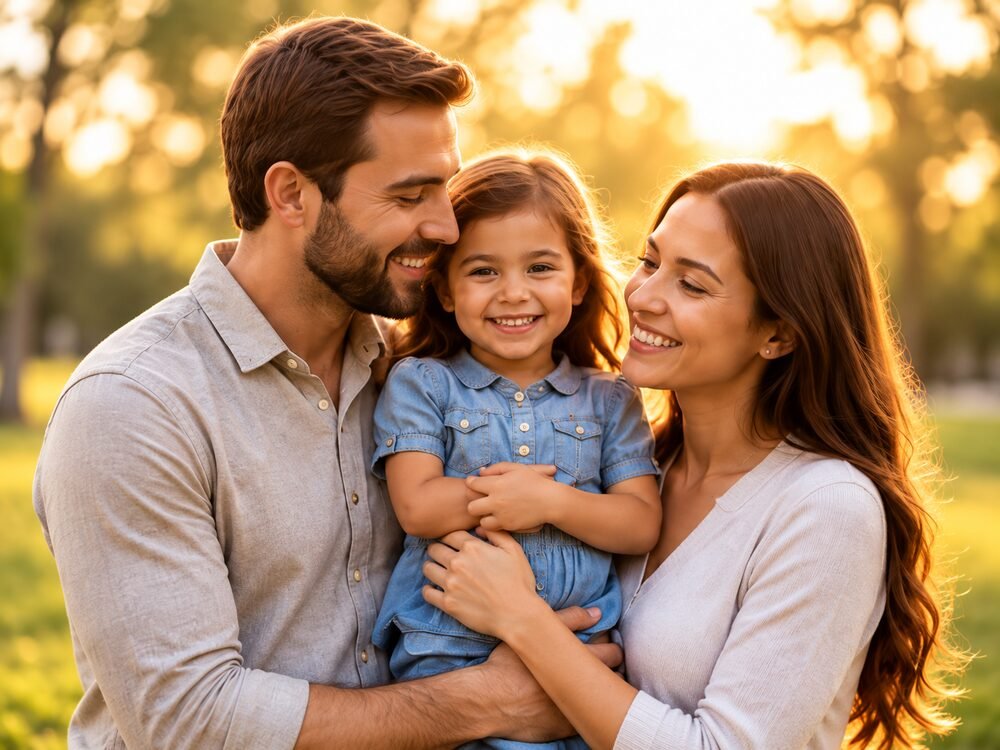A family with a young child standing together outdoors