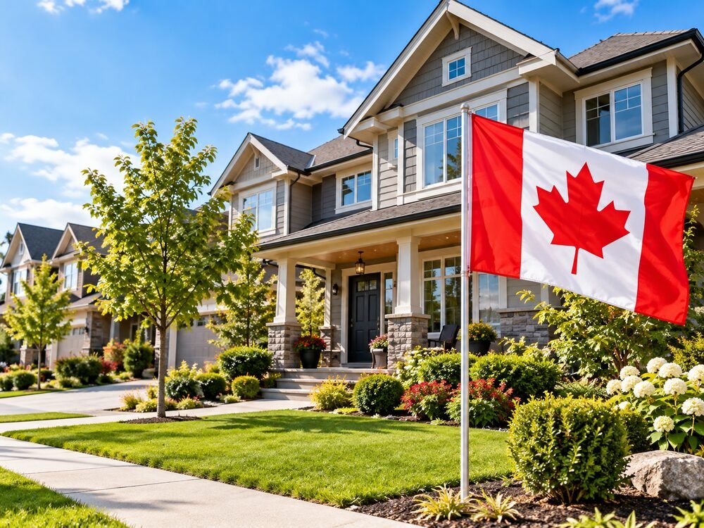 A detached family home with a Canadian flag in the front garden
