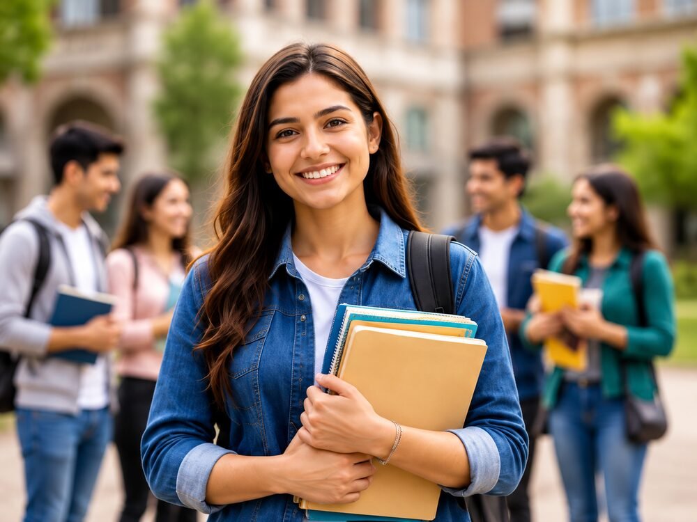 A smiling student holding books on a university campus