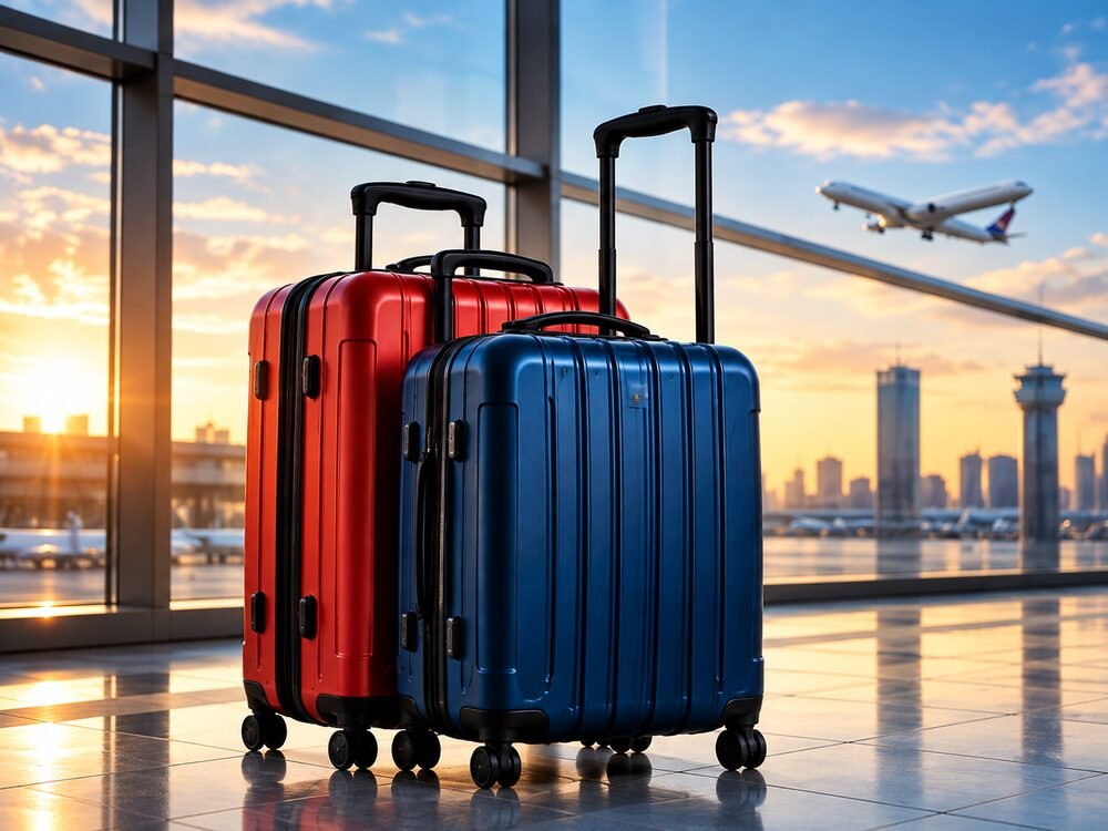 Suitcases beside a window overlooking a city skyline at sunset