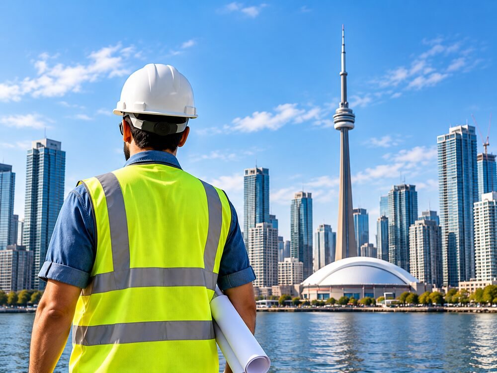 A worker in safety gear looking towards a downtown skyline